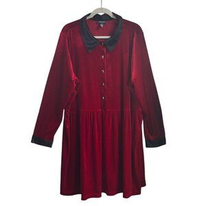 ModCloth 3X Red Velvet Long-Sleeve Collared Dress Skull Buttons Goth Witchy